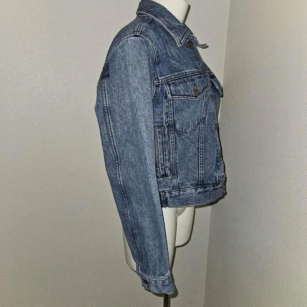 Biker Blues Harley Davidson Cropped Denim Jacket Embroidered Flags Ladies Small - Picture 7 of 14